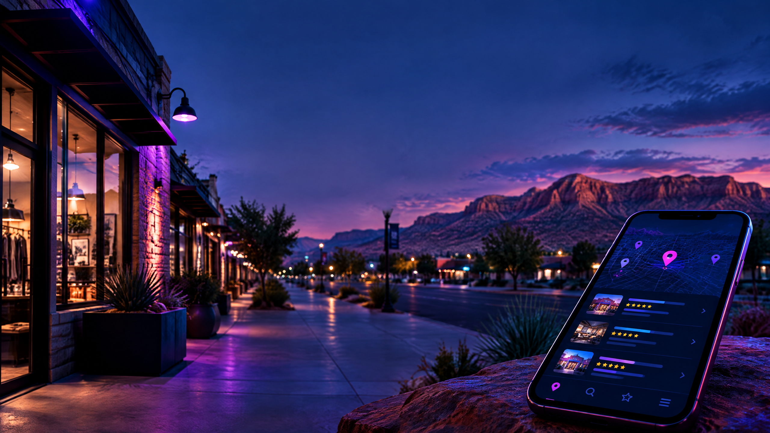 Neon-lit Southern Utah storefront with a smartphone showing a local business map listing and red sandstone in the distance