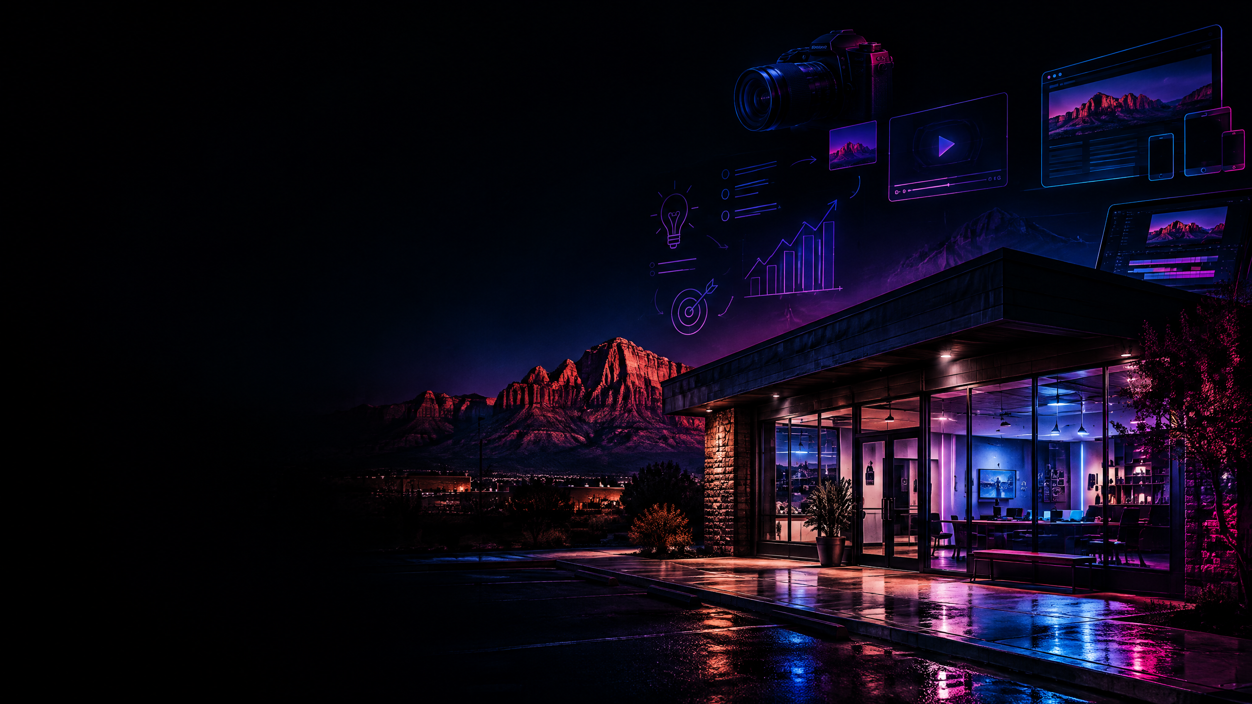 Neon-lit Southern Utah storefront with marketing, video, and website visuals over red rock mountains