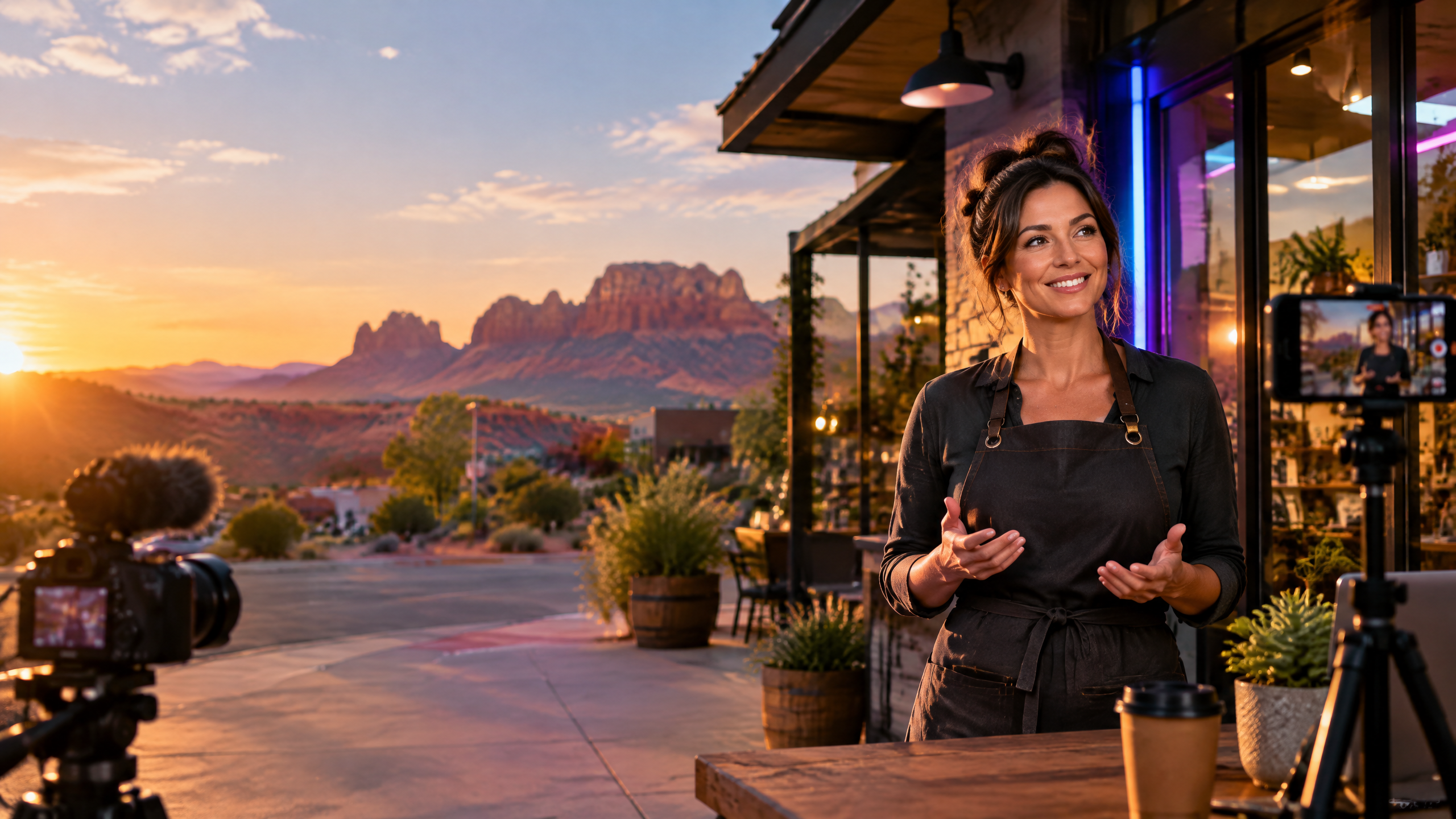 St. George local business owner filming a video outside a storefront with Southern Utah red rock in the background