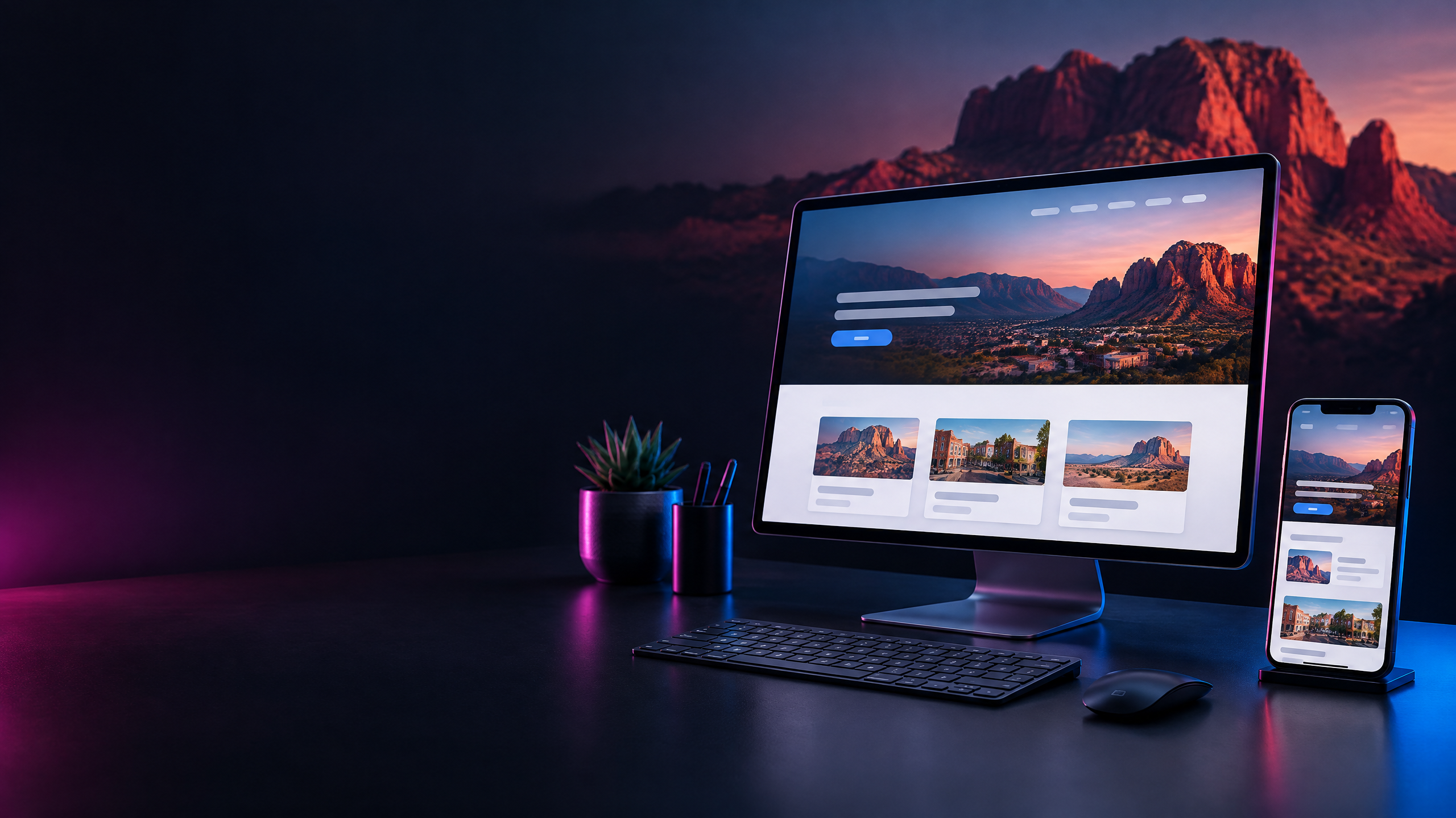 A modern local business website displayed on a desktop monitor and phone with Southern Utah red rock and neon EEM lighting.